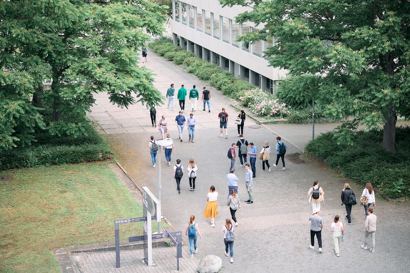 Vogelperspektive auf den belebten Campus zur Mittagszeit